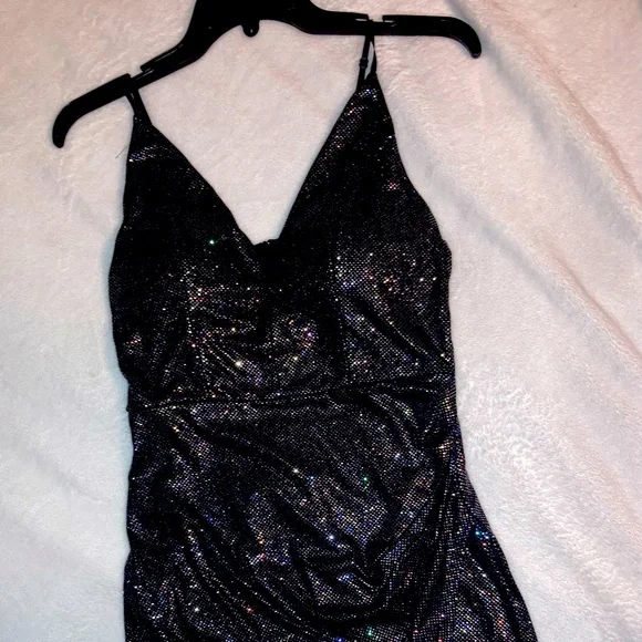 dillards black homecoming dress Zapaka Women Sparkly Black Homecoming Dress with Fringe Halter Sequined Tight Party Dress, Black / L